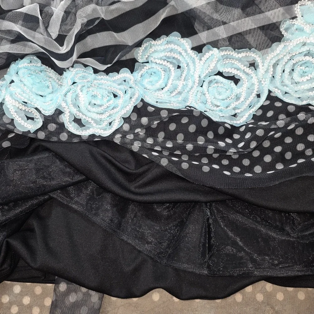 Bonnie Jean Dress Girls 20 Plus Black Stripe Dot Aqua Floral Tulle Belt Party